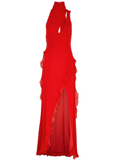 De La Vali Parfait Ruffled Chiffon Maxi Dress In Red