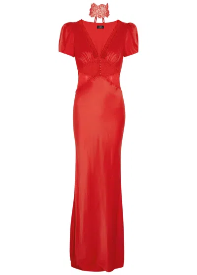 De La Vali Pavlova Lace And Satin Maxi Dress In Red