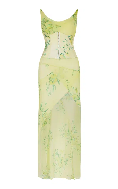 De La Vali Perenna Draped Silk Chiffon Corset Midi Dress In Yellow
