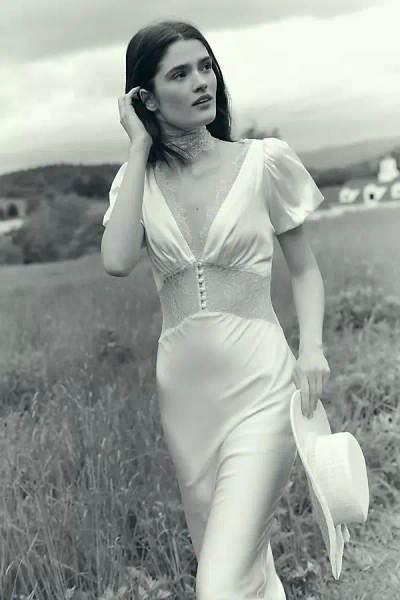 De La Vali Puff-sleeve Silky Maxi Dress In White