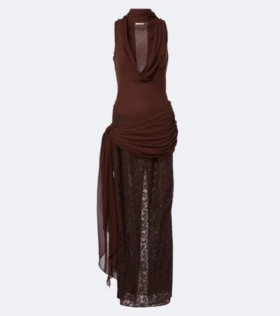 De La Vali Rosa Georgette And Lace Maxi Dress In Brown