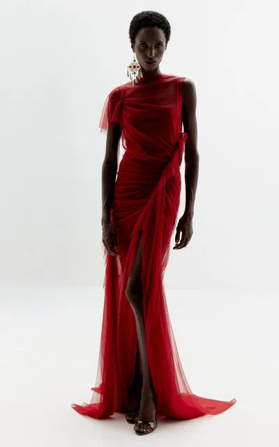 De La Vali Sapphire Tulle Maxi Dress In Red