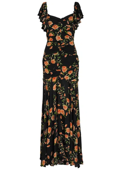 De La Vali Sevillia Floral-print Crepe De Chine Maxi Dress In Black