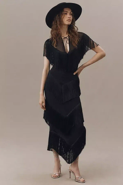 De La Vali Tellus Fringed Chiffon Midi Dress In Black