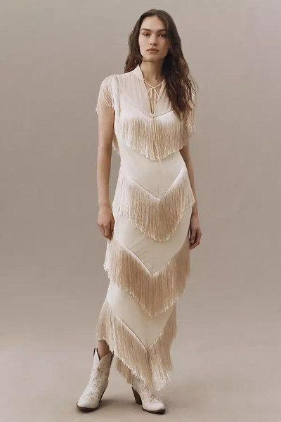 De La Vali Tellus Tiered Fringe Maxi Dress In White
