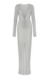 De La Vali Vera Ruched Ribbed-knit Maxi Dress In Silver