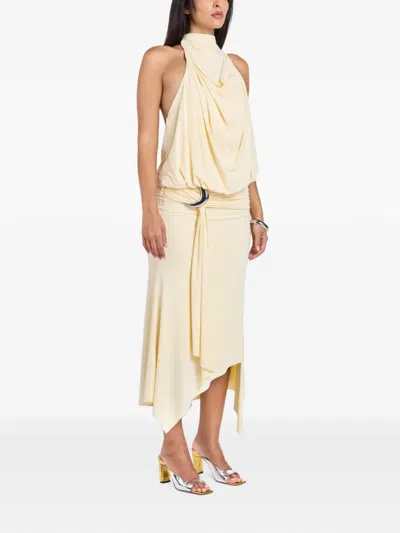 De La Vali Vida Draped Asymmetric Midi Dress In Neutral