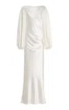 De La Vali Vivir Baloon-sleeve Rose-detailed Hammered-satin Maxi Dress In White