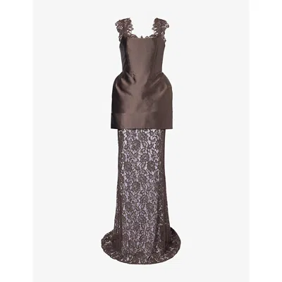 De La Vali Womens Hecate Twill Bodice Lace Maxi Dress Chocolate Brown In Black