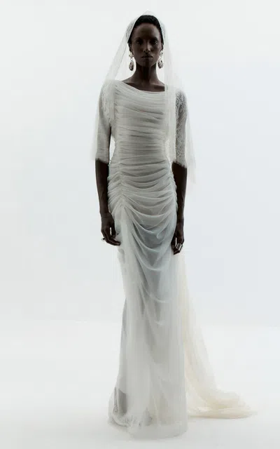 De La Vali Zarela Asymmetric Gathered Tulle Maxi Dress In Ivory
