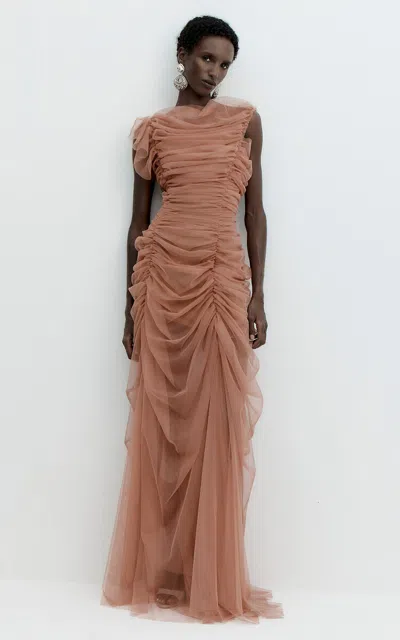 De La Vali Zarela Asymmetric Gathered Tulle Maxi Dress In Pink