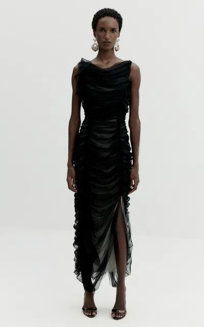 De La Vali Zarela Asymmetric Gathered Tulle Midi Dress In Black