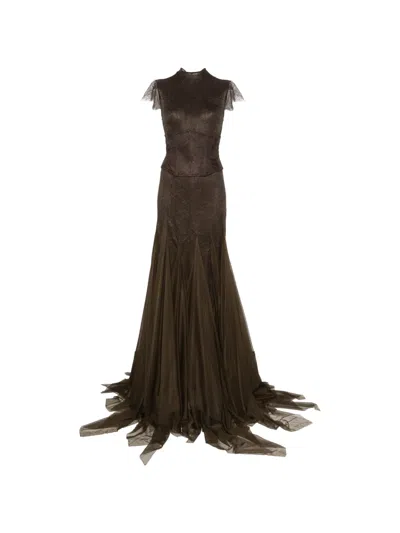 De La Vali Zephyra Maxi Dress In Chocolate Brown Fine Lace In Orange