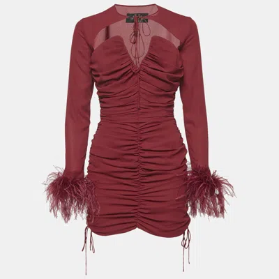 Pre-owned De La Valli De La Vali Red Feather Trim Chiffon Ruched Mame Mini Dress M