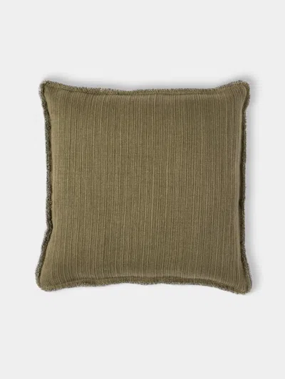 De Le Cuona Bison Linen Fringed Cushion (23in/58cm) In Green