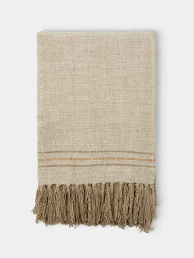 De Le Cuona Hoxton Linen Fringed And Leather-detail Throw (94.5in/2.4m) In Brown