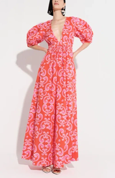 De Loreta Algarrobina V-neck Cotton Midi Dress In Pink