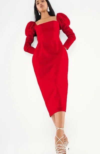 De Loreta Amanda Long Sleeve Midi Cocktail Dress In Red