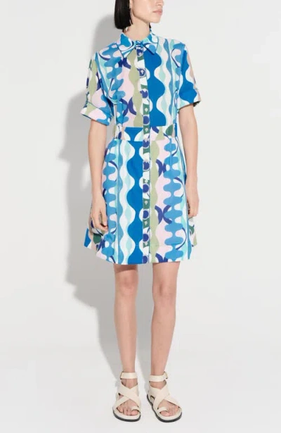De Loreta Benito Short Sleeve Cotton Mini Shirtdress In Blue