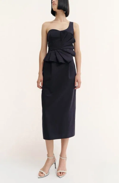 De Loreta Cielo Fan One-shoulder Cotton Midi Dress In Blue