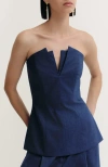 De Loreta Corozo Strapless V-neck Cotton Top In Blue