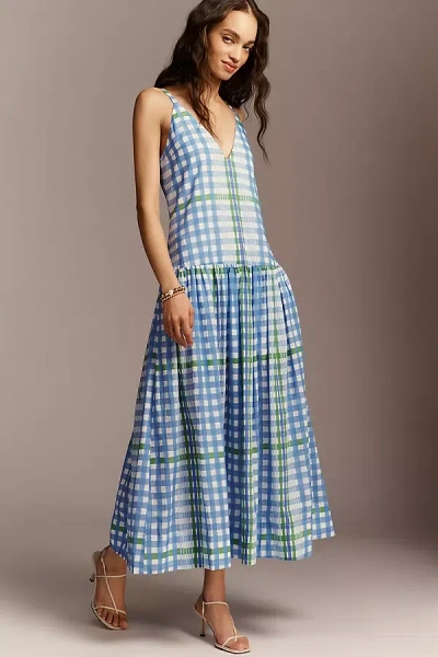 De Loreta Drop-waist Sleeveless V-neck Maxi Dress In Blue