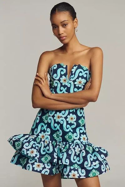 De Loreta Festivo Strapless Printed Flounce Mini Dress In Green