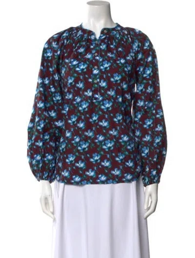 Pre-owned De Loreta Floral Print Crew Neck Blouse In Blue