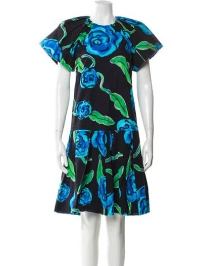 Pre-owned De Loreta Floral Print Knee-length Dress In Blue