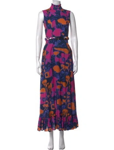 Pre-owned De Loreta Floral Print Long Dress In Blue