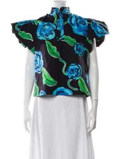 Pre-owned De Loreta Floral Print Short Sleeve Blouse In Black