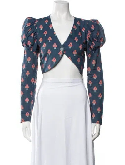 Pre-owned De Loreta Floral Print V-neck Crop Top In Blue