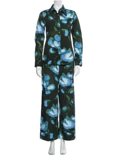 Pre-owned De Loreta Floral Print Whipstitch Trim Pant Set In Green
