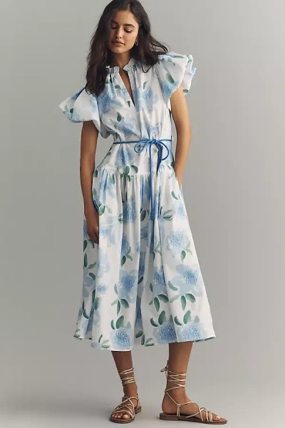 De Loreta Gabo Cotton Puff-sleeve Midi Dress In Blue