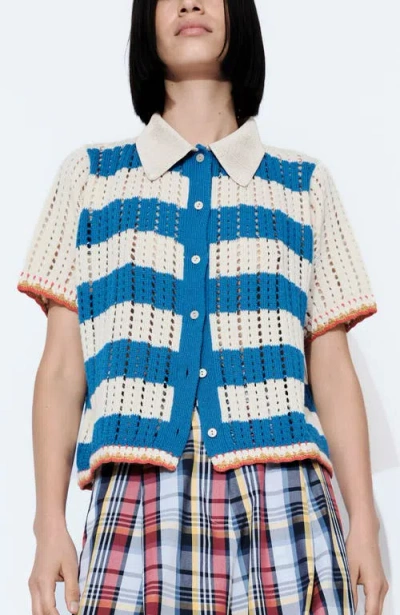 De Loreta Guatemala Short Sleeve Button-up Cotton Blend Shirt In Blue