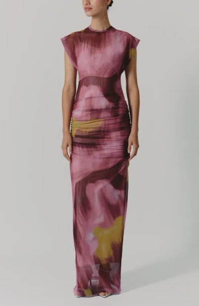 De Loreta Melodi Cap Sleeve Mesh Maxi Dress In Burgundy