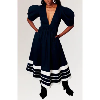 De Loreta Miel Deep V-neck Cotton Midi Dress In Black