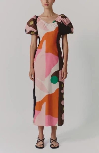 De Loreta Ocarina Puff Sleeve Midi Dress In Multi