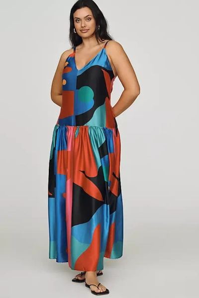 De Loreta Paca Cotton Plus Drop Waist Midi Dress In Multi