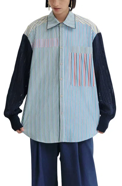 De Loreta Palmar Long Sleeve Button-up Cotton Shirt In Mix Lines/navy In Multi