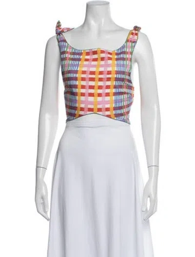 Pre-owned De Loreta Plaid Print Scoop Neck Crop Top In Green