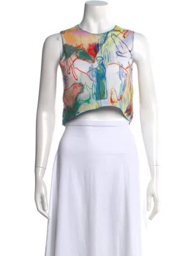 Pre-owned De Loreta Printed Crew Neck Crop Top In Green