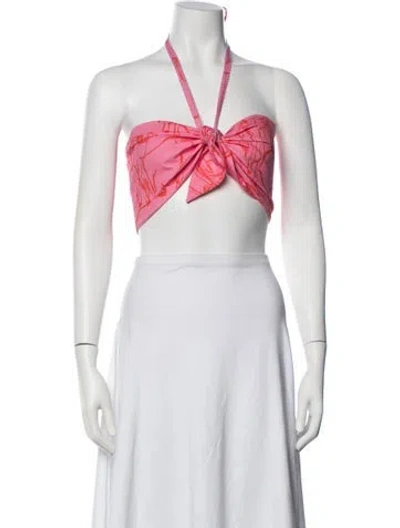 Pre-owned De Loreta Printed Halterneck Crop Top In White