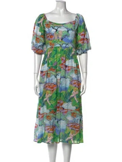 Pre-owned De Loreta Printed Midi Length Dress In Blue