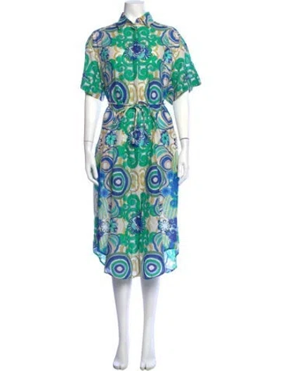 Pre-owned De Loreta Printed Midi Length Dress In Blue/green