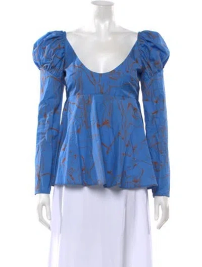 Pre-owned De Loreta Printed V-neck Blouse In Blue