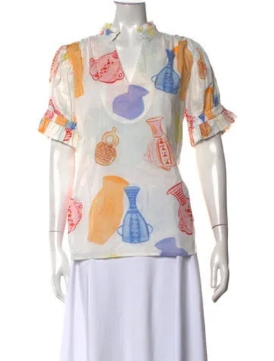 Pre-owned De Loreta Printed V-neck Blouse In White