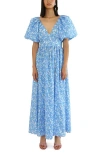 De Loreta Rococo Puff Sleeve Cotton A-line Maxi Dress In Blue