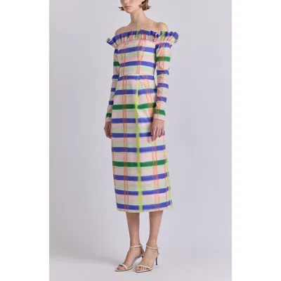 De Loreta Sara Long Sleeve Off The Shoulder Cotton Midi Dress In Multi