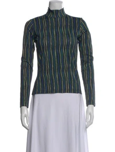 Pre-owned De Loreta Striped Mock Neck Top In Green